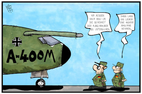 Cartoon: Bundeswehr (medium) by Kostas Koufogiorgos tagged karikatur,koufogiorgos,illustration,cartoon,bundeswehr,flugzeug,a400m,militär,transport,hubschrauber,mali,absturz,sicherheit,technik,rüstung,soldat,karikatur,koufogiorgos,illustration,cartoon,bundeswehr,flugzeug,a400m,militär,transport,hubschrauber,mali,absturz,sicherheit,technik,rüstung,soldat