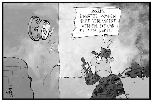 Cartoon: Bundeswehr (medium) by Kostas Koufogiorgos tagged karikatur,koufogiorgos,illustration,cartoon,bundeswehr,verlängerung,ausland,einsatz,uhr,defekt,kaputt,rüstungsmängel,ausstattung,militär,soldat,karikatur,koufogiorgos,illustration,cartoon,bundeswehr,verlängerung,ausland,einsatz,uhr,defekt,kaputt,rüstungsmängel,ausstattung,militär,soldat