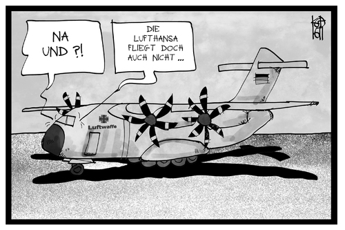 Cartoon: Bundeswehr am Boden (medium) by Kostas Koufogiorgos tagged karikatur,koufogiorgos,illustration,cartoon,bundeswehr,lufthansa,piloten,streik,fliegen,boden,kriegsgerät,rüstung,armee,luftwaffe,militär,karikatur,koufogiorgos,illustration,cartoon,bundeswehr,lufthansa,piloten,streik,fliegen,boden,kriegsgerät,rüstung,armee,luftwaffe,militär