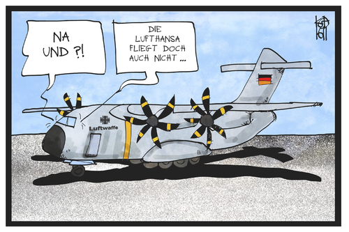 Cartoon: Bundeswehr am Boden (medium) by Kostas Koufogiorgos tagged karikatur,koufogiorgos,illustration,cartoon,bundeswehr,lufthansa,piloten,streik,fliegen,boden,kriegsgerät,rüstung,armee,luftwaffe,militär,karikatur,koufogiorgos,illustration,cartoon,bundeswehr,lufthansa,piloten,streik,fliegen,boden,kriegsgerät,rüstung,armee,luftwaffe,militär