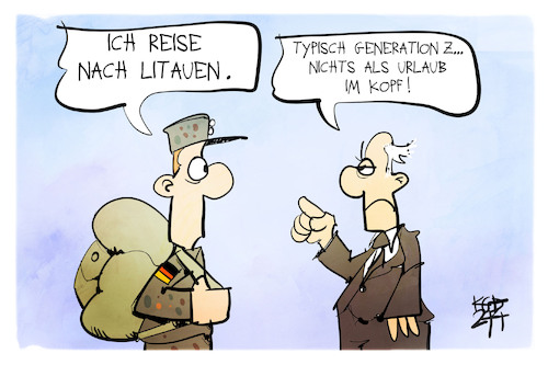 Cartoon: Bundeswehr in Litauen (medium) by Kostas Koufogiorgos tagged karikatur,koufogiorgos,litauen,gen,generation,alt,jung,urlaub,reise,militär,karikatur,koufogiorgos,litauen,gen,generation,alt,jung,urlaub,reise,militär