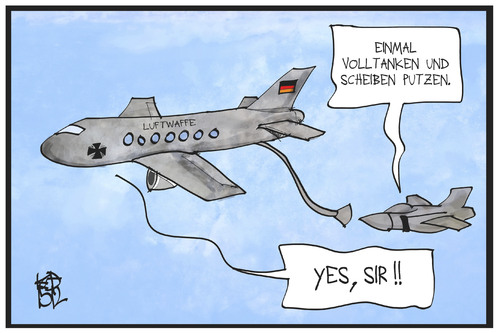 Cartoon: Bundeswehr in Syrien (medium) by Kostas Koufogiorgos tagged karikatur,koufogiorgos,illustration,cartoon,bundeswehr,tankflugzeug,tanken,syrien,is,terrorismus,kampf,konflikt,einsatz,diener,karikatur,koufogiorgos,illustration,cartoon,bundeswehr,tankflugzeug,tanken,syrien,is,terrorismus,kampf,konflikt,einsatz,diener