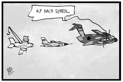 Cartoon: Bundeswehr nach Syrien (medium) by Kostas Koufogiorgos tagged karikatur,koufogiorgos,illustration,cartoon,syrien,a400m,airbus,tornado,pannenservice,pannendienst,bundeswehr,ausrüstung,flugzeug,konflikt,krieg,karikatur,koufogiorgos,illustration,cartoon,syrien,a400m,airbus,tornado,pannenservice,pannendienst,bundeswehr,ausrüstung,flugzeug,konflikt,krieg