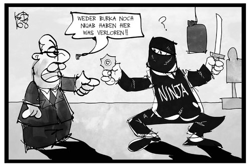 Cartoon: Burka-Verbot (medium) by Kostas Koufogiorgos tagged karikatur,koufogiorgos,illustration,cartoon,burka,niqab,verschleierung,ninja,kämpfer,anzug,islam,verbot,religion,toleranz,politik,karikatur,koufogiorgos,illustration,cartoon,burka,niqab,verschleierung,ninja,kämpfer,anzug,islam,verbot,religion,toleranz,politik