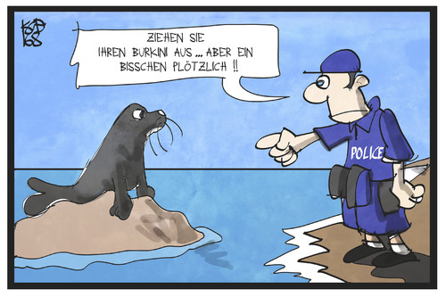 Cartoon: Burkini Ban (medium) by Kostas Koufogiorgos tagged karikatur,koufogiorgos,illustration,cartoon,burkini,ban,verbot,robbe,seehund,polizei,anstand,sitte,baden,islam,kleidung,religion,karikatur,koufogiorgos,illustration,cartoon,burkini,ban,verbot,robbe,seehund,polizei,anstand,sitte,baden,islam,kleidung,religion