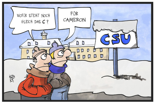 Cartoon: Cameron bei der CSU (medium) by Kostas Koufogiorgos tagged karikatur,koufogiorgos,illustration,cartoon,cameron,csu,partei,christsozial,klausur,tagung,wildbad,kreuth,karikatur,koufogiorgos,illustration,cartoon,cameron,csu,partei,christsozial,klausur,tagung,wildbad,kreuth