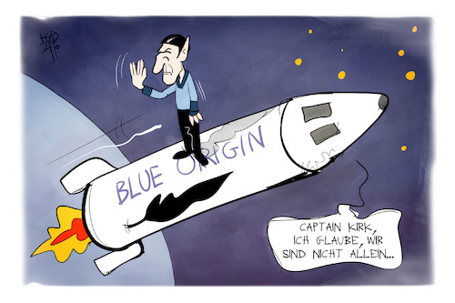 Cartoon: Captain Kirk im All (medium) by Kostas Koufogiorgos tagged karikatur,koufogiorgos,illustration,cartoon,star,trek,kirk,spock,blue,origin,weltall,astronaut,space,karikatur,koufogiorgos,illustration,cartoon,star,trek,kirk,spock,blue,origin,weltall,astronaut,space