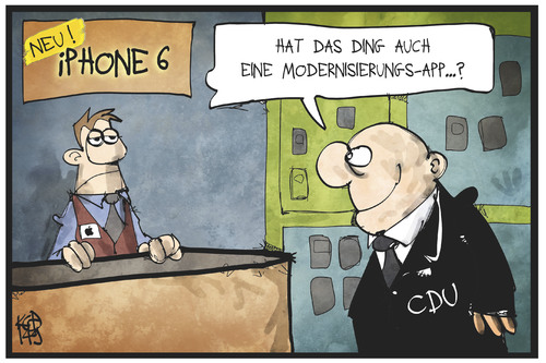 Cartoon: CDU-Modernisierung (medium) by Kostas Koufogiorgos tagged karikatur,koufogiorgos,illustration,cartoon,cdu,modernisierung,app,iphone,smartphone,technologie,telefon,verkäufer,politiker,partei,politik,karikatur,koufogiorgos,illustration,cartoon,cdu,modernisierung,app,iphone,smartphone,technologie,telefon,verkäufer,politiker,partei,politik