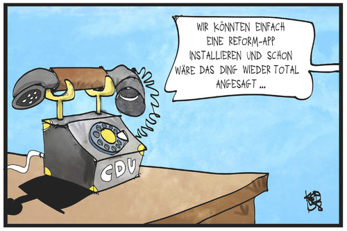 Cartoon: CDU-Reform (medium) by Kostas Koufogiorgos tagged karikatur,koufogiorgos,illustration,cartoon,cdu,reform,telefon,app,modern,partei,konservativ,verjüngung,angesagt,politik,image,karikatur,koufogiorgos,illustration,cartoon,cdu,reform,telefon,app,modern,partei,konservativ,verjüngung,angesagt,politik,image