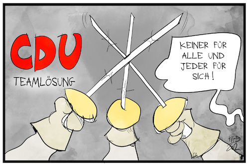 Cartoon: CDU-Teamlösung (medium) by Kostas Koufogiorgos tagged karikatur,koufogiorgos,cartoon,cdu,team,teamlösung,musketiere,wahlspruch,motto,vorsitz,partei,politik,schwert,degen,kampf,christdemokraten,karikatur,koufogiorgos,cartoon,cdu,team,teamlösung,musketiere,wahlspruch,motto,vorsitz,partei,politik,schwert,degen,kampf,christdemokraten