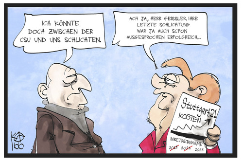 Cartoon: CDU und CSU (medium) by Kostas Koufogiorgos tagged karikatur,koufogiorgos,illustration,cartoon,cdu,csu,geissler,merkel,stuttgart,21,schlichter,schlichtung,bahnprojekt,streit,partei,union,politik,vermittler,karikatur,koufogiorgos,illustration,cartoon,cdu,csu,geissler,merkel,stuttgart,21,schlichter,schlichtung,bahnprojekt,streit,partei,union,politik,vermittler