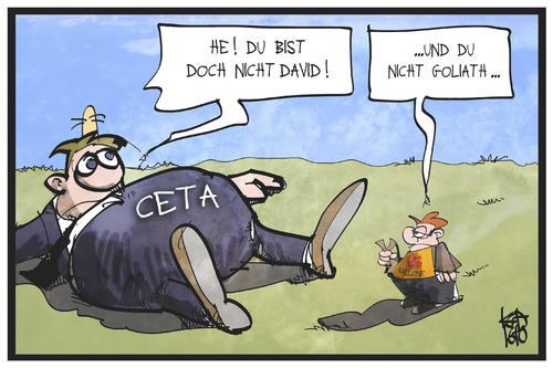 Cartoon: CETA (medium) by Kostas Koufogiorgos tagged karikatur,ceta,cartoon,illustration,koufogiorgos,wirtschaft,abkommen,freihandel,goliath,david,wallonie,europa,eu,kanada,karikatur,koufogiorgos,illustration,cartoon,ceta,kanada,eu,europa,wallonie,david,goliath,freihandel,abkommen,wirtschaft