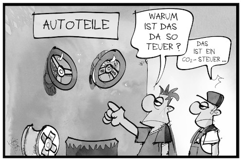 Cartoon: CO2-Steuer (medium) by Kostas Koufogiorgos tagged karikatur,koufogiorgos,illustration,cartoon,co2,steuer,besteuerung,auto,ersatzteil,lenkrad,umwelt,kohlendioxid,karikatur,koufogiorgos,illustration,cartoon,co2,steuer,besteuerung,auto,ersatzteil,lenkrad,umwelt,kohlendioxid