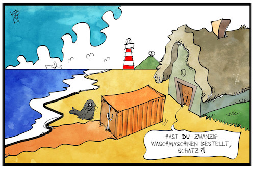 Cartoon: Container in der Nordsee (medium) by Kostas Koufogiorgos tagged karikatur,koufogiorgos,illustration,cartoon,nordsee,container,frachter,treibgut,meer,küste,strand,karikatur,koufogiorgos,illustration,cartoon,nordsee,container,frachter,treibgut,meer,küste,strand