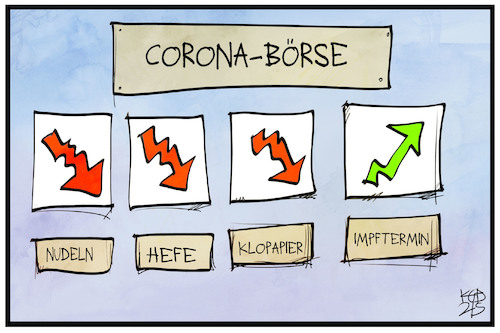 Cartoon: Corona-Börse (medium) by Kostas Koufogiorgos tagged karikatur,koufogiorgos,illustration,cartoon,corona,boerse,impftermin,hefe,nudeln,klopapier,hamstern,karikatur,koufogiorgos,illustration,cartoon,corona,boerse,impftermin,hefe,nudeln,klopapier,hamstern