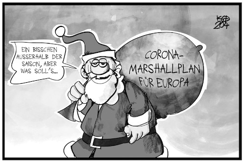 Cartoon: Corona-Marshallplan (medium) by Kostas Koufogiorgos tagged karikatur,koufogiorgos,illustration,cartoon,corona,weihnachstmann,saison,geschenk,marshallplan,europa,eu,karikatur,koufogiorgos,illustration,cartoon,corona,weihnachstmann,saison,geschenk,marshallplan,europa,eu