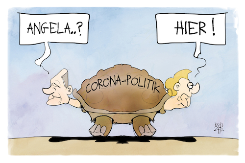 Cartoon: Corona-Politik (medium) by Kostas Koufogiorgos tagged karikatur,koufogiorgos,illustration,cartoon,scholz,merkel,schildkröte,langsamkeit,corona,politik,pandemie,karikatur,koufogiorgos,illustration,cartoon,scholz,merkel,schildkröte,langsamkeit,corona,politik,pandemie