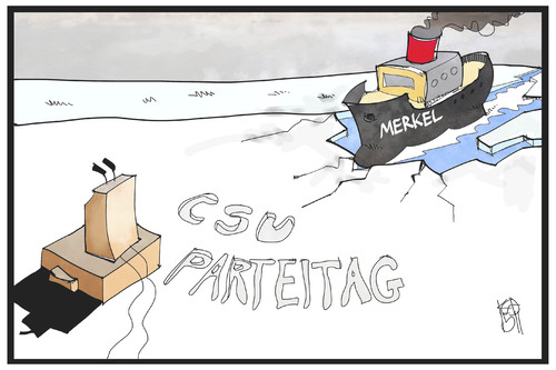 Cartoon: CSU-Parteitag (medium) by Kostas Koufogiorgos tagged karikatur,koufogiorgos,illustration,cartoon,csu,merkel,eisbrecher,schiff,rede,rednerpult,cdu,parteitag,frostig,eiszeit,politik,karikatur,koufogiorgos,illustration,cartoon,csu,merkel,eisbrecher,schiff,rede,rednerpult,cdu,parteitag,frostig,eiszeit,politik