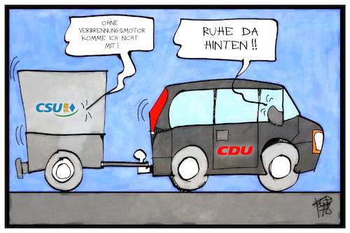 Cartoon: CSU (medium) by Kostas Koufogiorgos tagged karikatur,koufogiorgos,illustration,cartoon,cdu,csu,union,wahlkampf,verbrennungsmotot,diesel,benziner,auto,koalition,partei,politik,karikatur,koufogiorgos,illustration,cartoon,cdu,csu,union,wahlkampf,verbrennungsmotot,diesel,benziner,auto,koalition,partei,politik