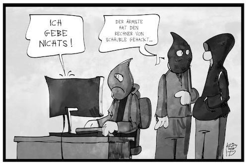 Cartoon: Cyber-Attacke (medium) by Kostas Koufogiorgos tagged karikatur,koufogiorgos,illustration,cartoon,wannacry,virus,hacker,angriff,trojaner,pc,computer,schaeuble,kriminalität,erpressung,geld,technik,karikatur,koufogiorgos,illustration,cartoon,wannacry,virus,hacker,angriff,trojaner,pc,computer,schaeuble,kriminalität,erpressung,geld,technik