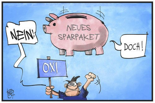 Cartoon: Das neue Sparpaket (medium) by Kostas Koufogiorgos tagged karikatur,koufogiorgos,illustration,cartoon,sparschwein,sparpaket,griechenland,oxi,ja,nein,memorandum,austerität,politik,schuldenkrise,europa,karikatur,koufogiorgos,illustration,cartoon,sparschwein,sparpaket,griechenland,oxi,ja,nein,memorandum,austerität,politik,schuldenkrise,europa