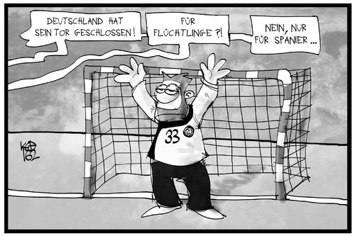 Cartoon: Das Tor ist dicht (medium) by Kostas Koufogiorgos tagged karikatur,koufogiorgos,illustration,cartoon,tor,wolff,handball,em,europameister,grenze,dicht,abwehr,flüchtlinge,sport,spanien,finale,torwart,torhüter,karikatur,koufogiorgos,illustration,cartoon,tor,wolff,handball,em,europameister,grenze,dicht,abwehr,flüchtlinge,sport,spanien,finale,torwart,torhüter