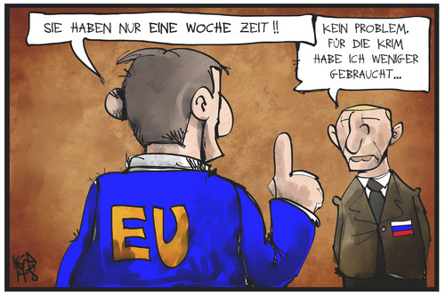 Cartoon: Das Ultimatum (medium) by Kostas Koufogiorgos tagged karikatur,koufogiorgos,illustration,cartoon,eu,europa,putin,russland,krieg,konflikt,ukraine,sanktionen,krim,politik,karikatur,koufogiorgos,illustration,cartoon,eu,europa,putin,russland,krieg,konflikt,ukraine,sanktionen,krim,politik