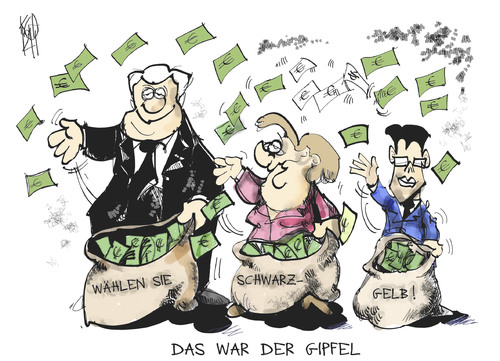 Cartoon: Das war der Gipfel! (medium) by Kostas Koufogiorgos tagged koalition,regierung,gipfel,seehofer,merkel,rösler,cdu,csu,fdp,schwarz,gelb,wahl,geschenk,geld,karikatur,kostas,koufogiorgos,koalition,regierung,gipfel,seehofer,merkel,rösler,cdu,csu,fdp,schwarz,gelb,wahl,geschenk,geld,karikatur,kostas,koufogiorgos