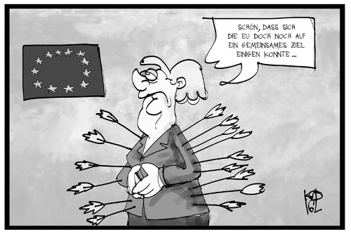 Cartoon: Das Ziel der EU (medium) by Kostas Koufogiorgos tagged karikatur,koufogiorgos,illustration,cartoon,merkel,eu,europa,ziel,pfeile,treffer,gemeinsamkeit,opfer,angriff,politik,karikatur,koufogiorgos,illustration,cartoon,merkel,eu,europa,ziel,pfeile,treffer,gemeinsamkeit,opfer,angriff,politik