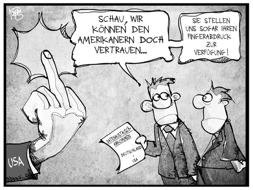 Cartoon: Datenaustausch (medium) by Kostas Koufogiorgos tagged karikatur,koufogiorgos,illustration,cartoon,deutschland,usa,michel,daten,datenschutz,austausch,abkommen,stinkefinger,fingerabdruck,vertrauen,spionage,politik,karikatur,koufogiorgos,illustration,cartoon,deutschland,usa,michel,daten,datenschutz,austausch,abkommen,stinkefinger,fingerabdruck,vertrauen,spionage,politik