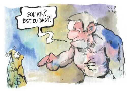 Cartoon: David und Goliath (medium) by Kostas Koufogiorgos tagged euro,dollar,wirtschaft,börse,kostas,koufogiorgos,,euro,dollar,wirtschaft,börse,kostas,koufogiorgos,david,goliath,steinschleuder,kraft,wertvoller,muskeln,schwach,usa,europa,bibel,religion,geschichte,metapher