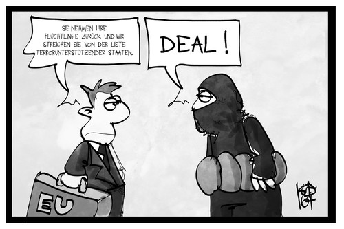 Cartoon: Deal mit Despoten (medium) by Kostas Koufogiorgos tagged karikatur,koufogiorgos,illustration,cartoon,eu,europa,verhandlung,deal,terrorist,terrorismus,flüchtling,land,staat,karikatur,koufogiorgos,illustration,cartoon,eu,europa,verhandlung,deal,terrorist,terrorismus,flüchtling,land,staat