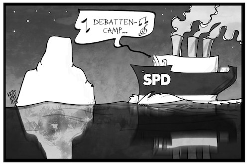 Cartoon: Debattencamp SPD (medium) by Kostas Koufogiorgos tagged karikatur,koufogiorgos,illustration,cartoon,debattencamp,spd,titanic,schiff,meer,eisberg,partei,sozialdemokratie,karikatur,koufogiorgos,illustration,cartoon,debattencamp,spd,titanic,schiff,meer,eisberg,partei,sozialdemokratie