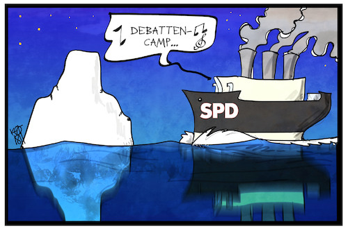 Cartoon: Debattencamp SPD (medium) by Kostas Koufogiorgos tagged karikatur,koufogiorgos,illustration,cartoon,debattencamp,spd,titanic,schiff,meer,eisberg,partei,sozialdemokratie,karikatur,koufogiorgos,illustration,cartoon,debattencamp,spd,titanic,schiff,meer,eisberg,partei,sozialdemokratie