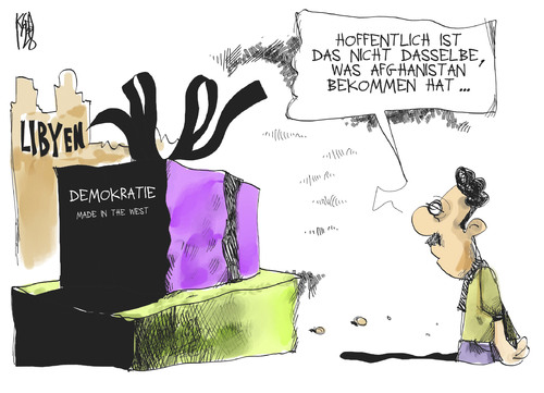 Cartoon: Demokratie für Libyen (medium) by Kostas Koufogiorgos tagged libyen,wahl,demokratie,made,westen,afghanistan,geschenk,krieg,karikatur,kostas,koufogiorgos