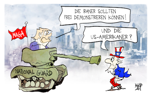Cartoon: Demonstrationsfreiheit (medium) by Kostas Koufogiorgos tagged karikatur,koufogiorgos,demonstration,militär,national,guard,trump,usa,uncle,sam,iran,karikatur,koufogiorgos,demonstration,militär,national,guard,trump,usa,uncle,sam,iran