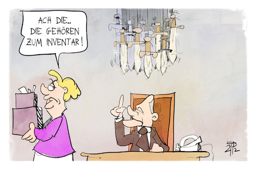 Cartoon: Der Arbeitsplatz des Olaf Scholz (medium) by Kostas Koufogiorgos tagged karikatur,koufogiorgos,illustration,cartoon,scholz,merkel,büro,damoklesschwert,karikatur,koufogiorgos,illustration,cartoon,scholz,merkel,büro,damoklesschwert