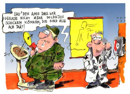 Cartoon: Der Bundeswehrbericht (medium) by Kostas Koufogiorgos tagged bundeswehrbericht,bundeswehr,robbe,fitness,usa,kostas,koufogiorgos,afghanistan,,bundeswehrbericht,bundeswehr,robbe,fitness,usa,kostas,koufogiorgos,afghanistan,auslandseinsatz,krisengebiet,terrorismus,bin,laden,waage,medizin,arzt,übergewicht