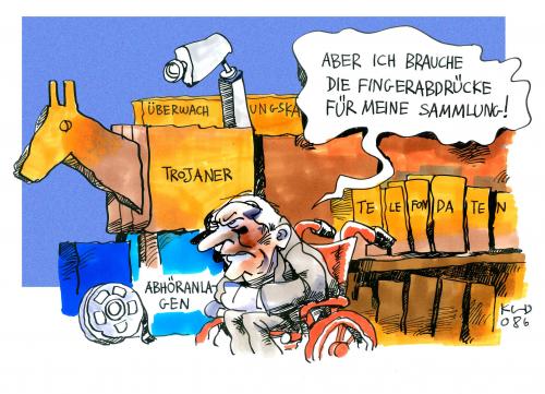 Cartoon: Der Fingerabdruck (medium) by Kostas Koufogiorgos tagged schäuble,datenschutz,überwachung,fingerabdruck,biometrie,personalausweis,reisepass,terrorismus,grosse,koalition,spd,cdu,kostas,koufogiorgos,wolfgang schäuble,wolfgang,schäuble,überwachung,überwachungsstaat,daten,datenschutz,fingerabdruck,biometrie,personalausweis,reisepass,pass,terrorismus,computer,transparenz,trojaner,telefon,kamera,kameras,abhören,telekomdaten,affäre,rollstuhl,cdu,akten,information,verrückt,sammeln,sammlung