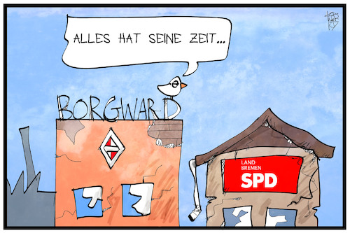 Cartoon: Der Niedergang der Bremer SPD (medium) by Kostas Koufogiorgos tagged karikatur,koufogiorgos,illustration,cartoon,bremen,wahl,senat,borgward,auto,fabrik,historisch,der,karikatur,koufogiorgos,illustration,cartoon,bremen,wahl,senat,borgward,auto,fabrik,historisch