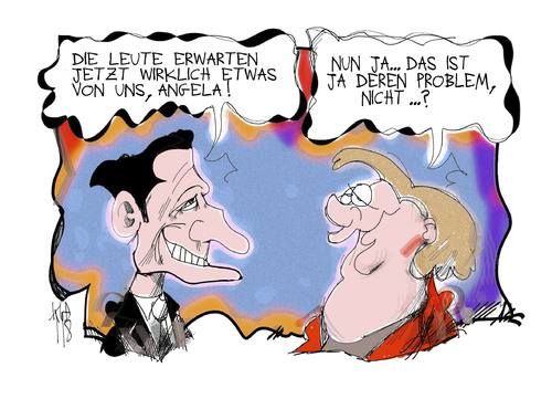 Cartoon: Deutsch-Französischer Gipfel (medium) by Kostas Koufogiorgos tagged europa,deutschland,rolle,europe,role,leading,germany,krise,euro,führungsrolle,leadership,crisis,zeit,führungsanspruch,sarkozy,frankreich,gipfel,treffen,eurobonds,politik,wirtschaft,karikatur,kostas,koufogiorgos,merkel,sarkozy,frankreich,deutschland,gipfel,treffen,eurobonds,wirtschaft,politik