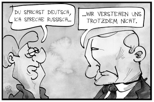 Cartoon: Deutsch-russische Beziehungen (medium) by Kostas Koufogiorgos tagged karikatur,koufogiorgos,illustration,cartoon,putin,merkel,russland,deutschland,sprache,beziehung,verstehen,verstaendnis,politik,konflikt,karikatur,koufogiorgos,illustration,cartoon,putin,merkel,russland,deutschland,sprache,beziehung,verstehen,verstaendnis,politik,konflikt