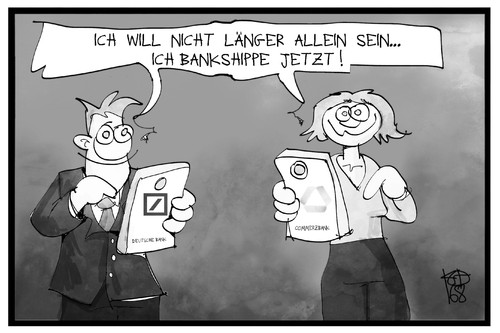 Cartoon: Deutsche Bank und Commerzbank (medium) by Kostas Koufogiorgos tagged karikatur,koufogiorgos,illustration,cartoon,deutsche,bank,commerzbank,fusion,flirt,wirtschaft,annäherung,karikatur,koufogiorgos,illustration,cartoon,deutsche,bank,commerzbank,fusion,flirt,wirtschaft,annäherung