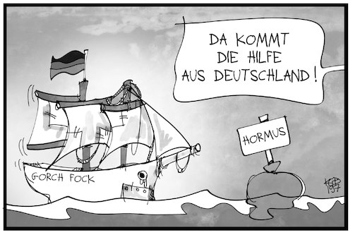 Cartoon: Deutsche Marine hift (medium) by Kostas Koufogiorgos tagged karikatur,koufogiorgos,illustration,cartoon,marine,gorch,fock,bundeswehr,hormus,rüstungsmaengel,iran,karikatur,koufogiorgos,illustration,cartoon,marine,gorch,fock,bundeswehr,hormus,rüstungsmaengel,iran