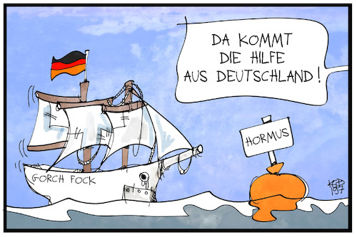 Cartoon: Deutsche Marine hift (medium) by Kostas Koufogiorgos tagged karikatur,koufogiorgos,illustration,cartoon,marine,gorch,fock,bundeswehr,hormus,rüstungsmaengel,iran,karikatur,koufogiorgos,illustration,cartoon,marine,gorch,fock,bundeswehr,hormus,rüstungsmaengel,iran