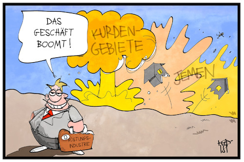 Cartoon: Deutsche Rüstungsindustrie (medium) by Kostas Koufogiorgos tagged karikatur,koufogiorgos,illustration,cartoon,rüstung,geschäft,wirtschaft,export,krieg,konflikt,boom,gewinn,profit,karikatur,koufogiorgos,illustration,cartoon,rüstung,geschäft,wirtschaft,export,krieg,konflikt,boom,gewinn,profit