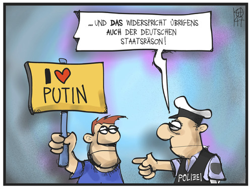 Cartoon: Deutsche Staatsräson (medium) by Kostas Koufogiorgos tagged karikatur,koufogiorgos,illustration,cartoon,putin,demonstration,demonstrant,polizei,meinungsfreiheit,politik,karikatur,koufogiorgos,illustration,cartoon,putin,demonstration,demonstrant,polizei,meinungsfreiheit,politik