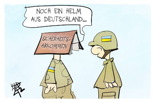 Cartoon: Deutschland-Ukraine (medium) by Kostas Koufogiorgos tagged karikatur,koufogiorgos,ukraine,deutschland,hut,sicherheitsabkommen,karikatur,koufogiorgos,ukraine,deutschland,hut,sicherheitsabkommen