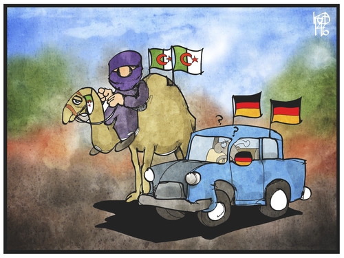 Cartoon: Deutschland und Algerien (medium) by Kostas Koufogiorgos tagged karikatur,koufogiorgos,illustration,cartoon,algerien,kamel,wüste,corso,auto,fahne,flagge,touareg,fussball,sport,wm,weltmeisterschaft,karikatur,koufogiorgos,illustration,cartoon,algerien,kamel,wüste,corso,auto,fahne,flagge,touareg,fussball,sport,wm,weltmeisterschaft