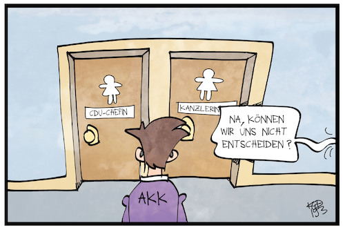 Cartoon: Die AKK-Frage (medium) by Kostas Koufogiorgos tagged karikatur,koufogiorgos,illustration,cartoon,akk,kanzlerin,chefin,cdu,toilette,witz,entscheidung,gender,karikatur,koufogiorgos,illustration,cartoon,akk,kanzlerin,chefin,cdu,toilette,witz,entscheidung,gender